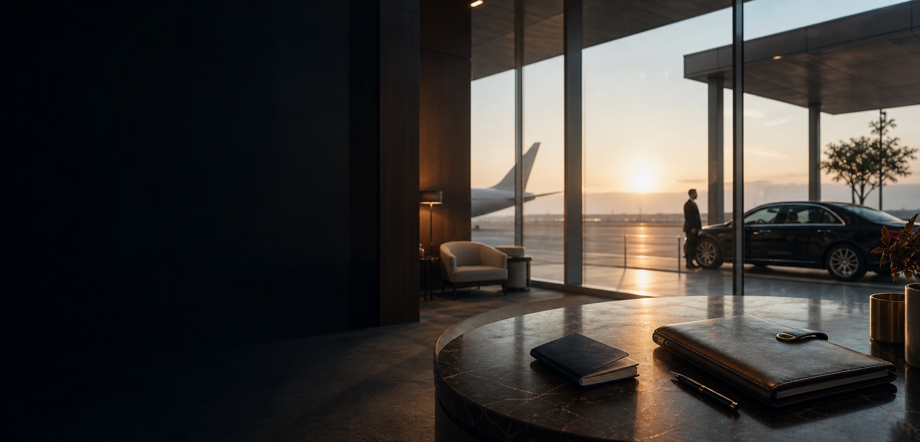 Premium airport lounge and executive ground transport at sunset