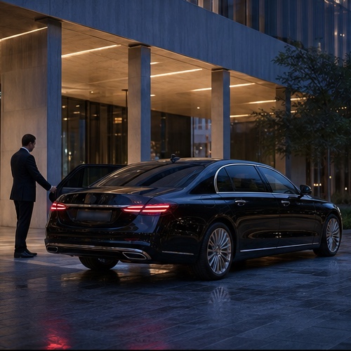 Chauffeured executive car waiting at a modern entrance